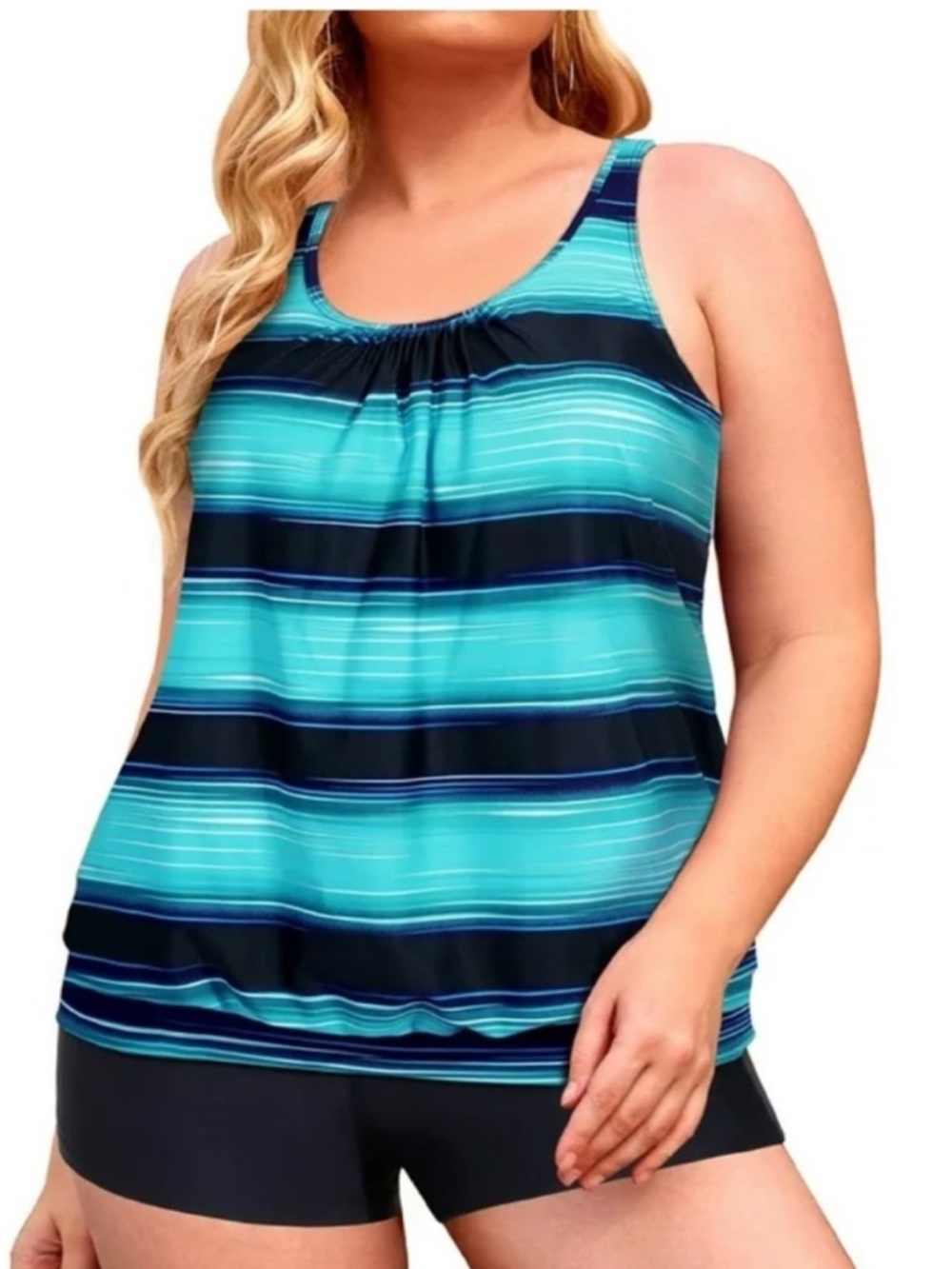 Plus Size Blouson Tankini Swimsuits Striped Swimwear Athletic with Boyshorts 3XL